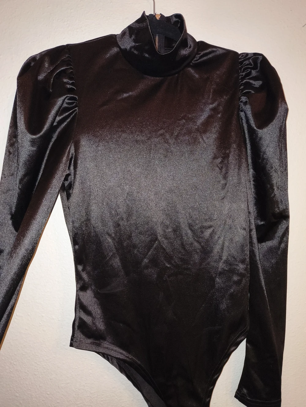 Vintage Black Satin Puff Sleeve Bodysuit High Neck Gothic Disco 80s Glam Size L - Picture 6 of 9